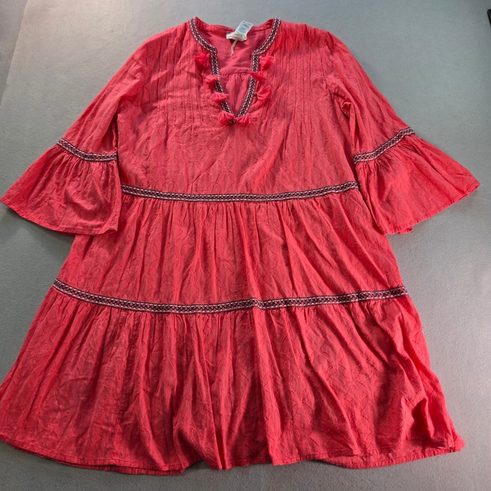 Tommy Bahama Womens M Pink Cotton Tiered Tassel Dress Bell Sleeve SS500113